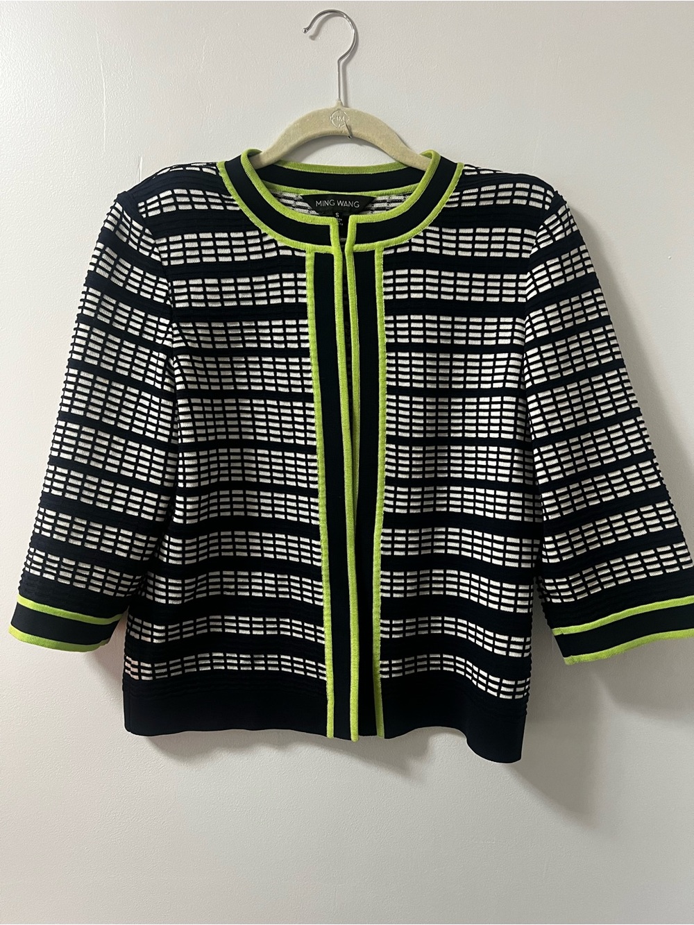 Ming Wang Navy Blue & White Grid Sweater Jacket with Lime Green Trim
